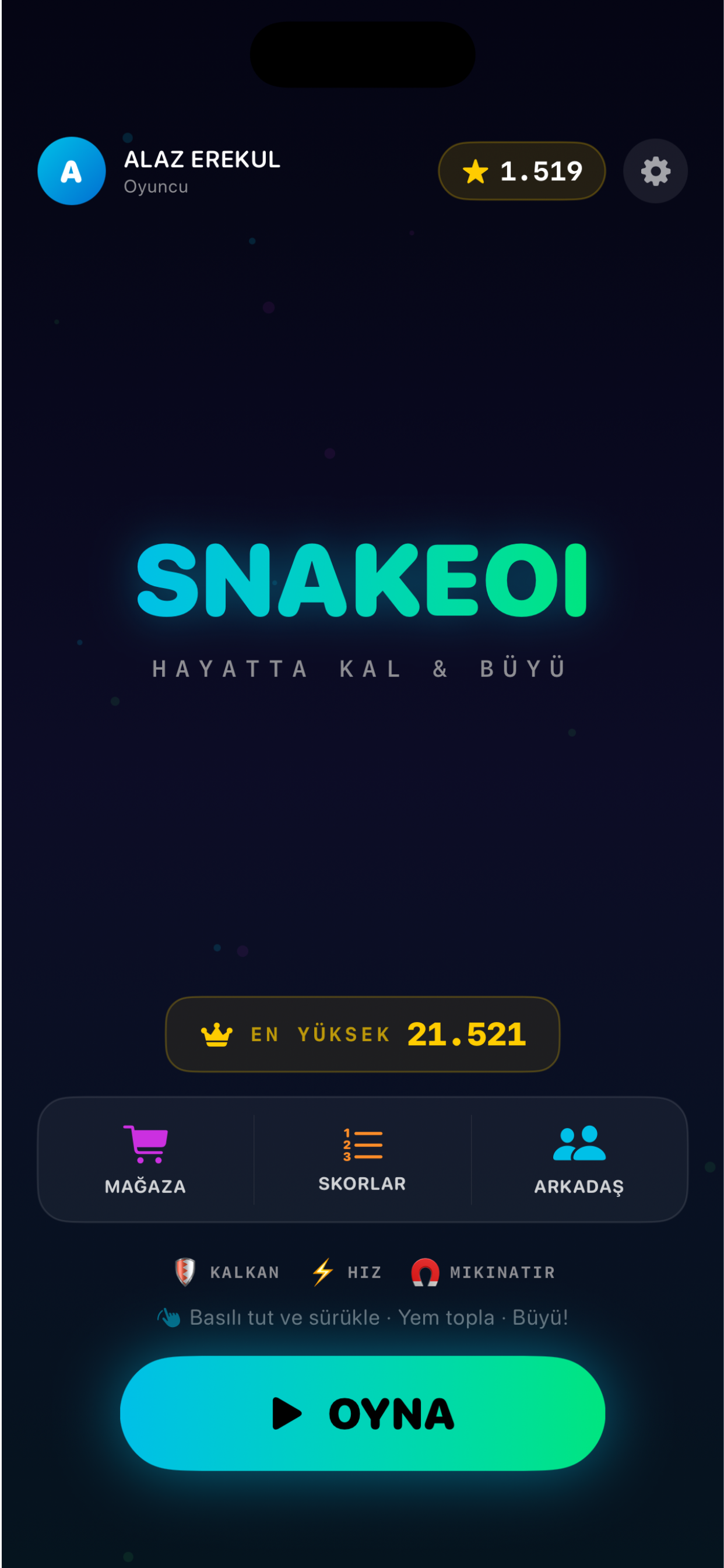 Snakeoi ana menu ekrani